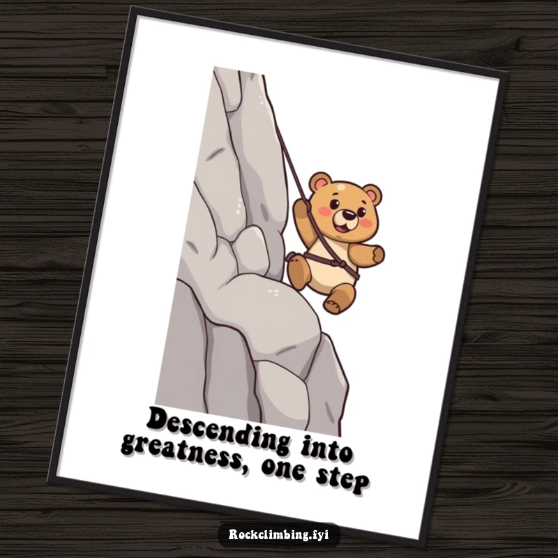 Funny Free Printable Wall Art: A strong bear confidently rappelling down a rugged cliff.