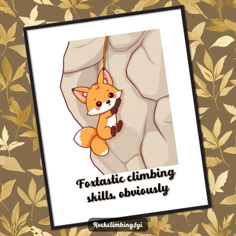 Funny Free Printable Wall Art of a playful fox dangling from a rock face by a tiny rope, humorous decor.