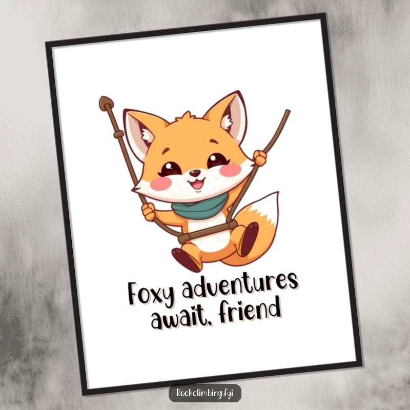 Funny Free Printable Wall Art: A brave fox swinging energetically from a rope, looking incredibly happy and adventurous.
