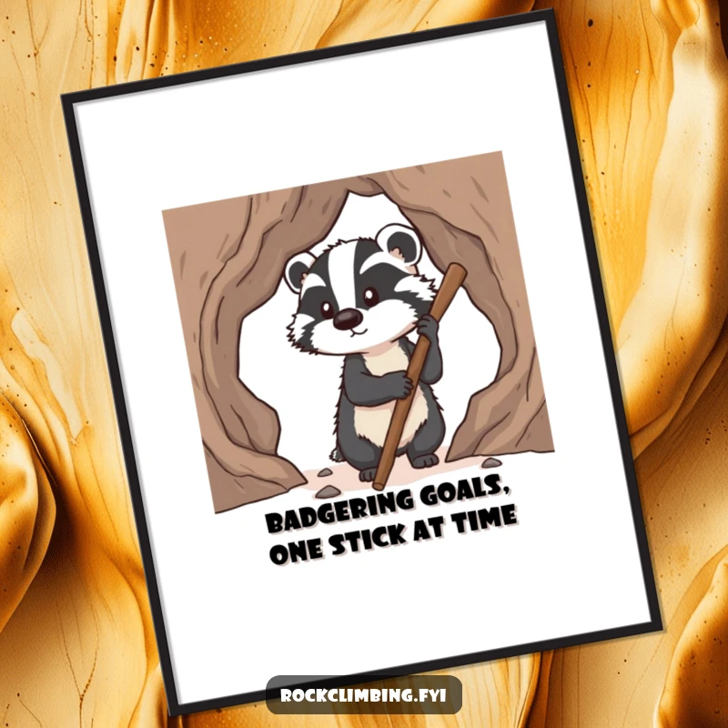 Funny free printable wall art: a tenacious badger determinedly using a stick to find pawholds while climbing a steep rock face.