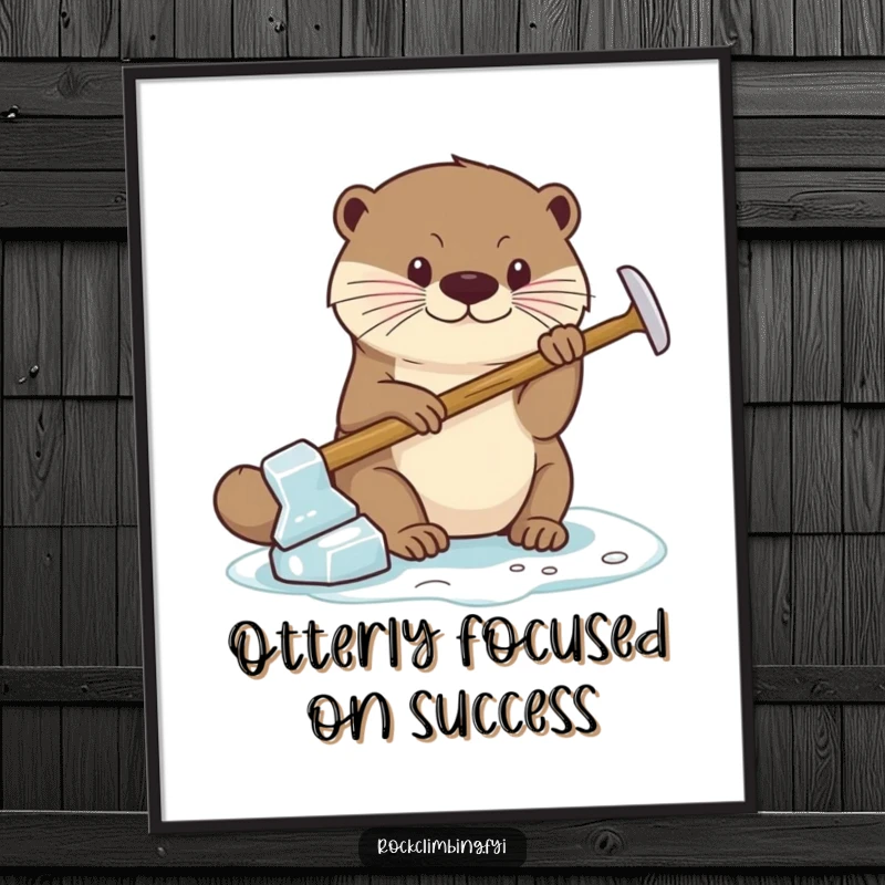 Funny Free Printable Wall Art: A determined otter grips with a miniature ice axe, showcasing focus and humor.