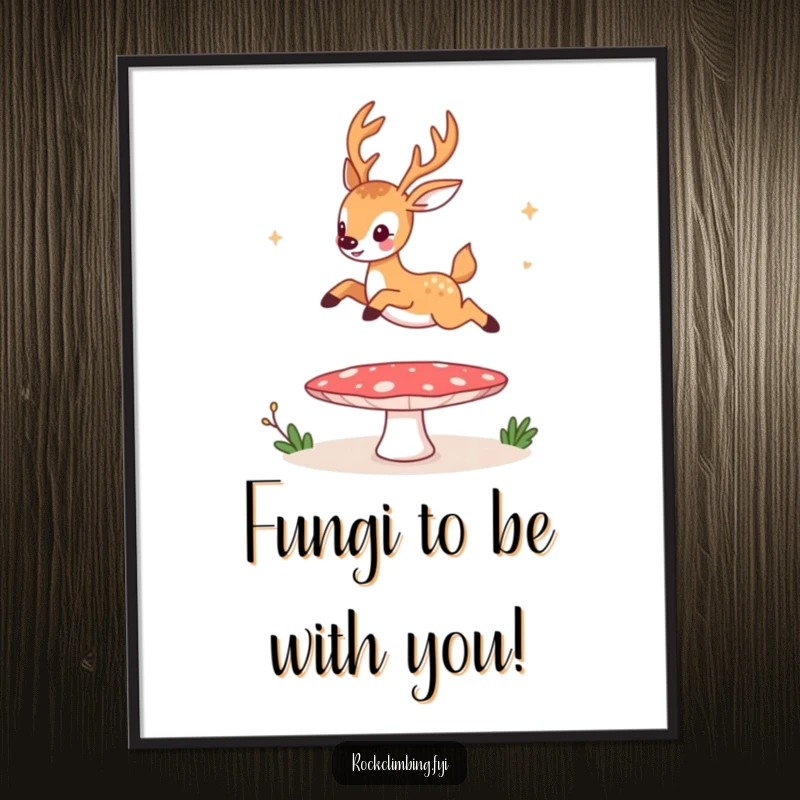 Funny Free Printable Wall Art: A deer comically using a mushroom as a bouncy trampoline, creating whimsical art.