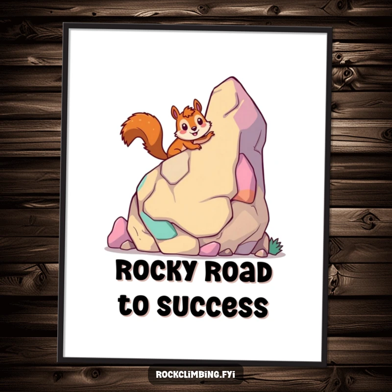 Funny Free Printable Wall Art: Giddy Squirrel Smiling, Scaling Giant Cartoon Rock, Motivational