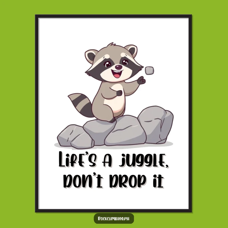 Free Printable Wall Art: Giggling Raccoon Juggling Rocks - Downloadable Quirky Art