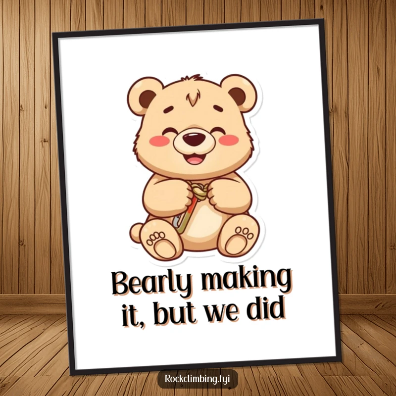 Funny Free Printable Wall Art: Adorable bear cub with a wide grin carefully secures a carabiner on a knot.