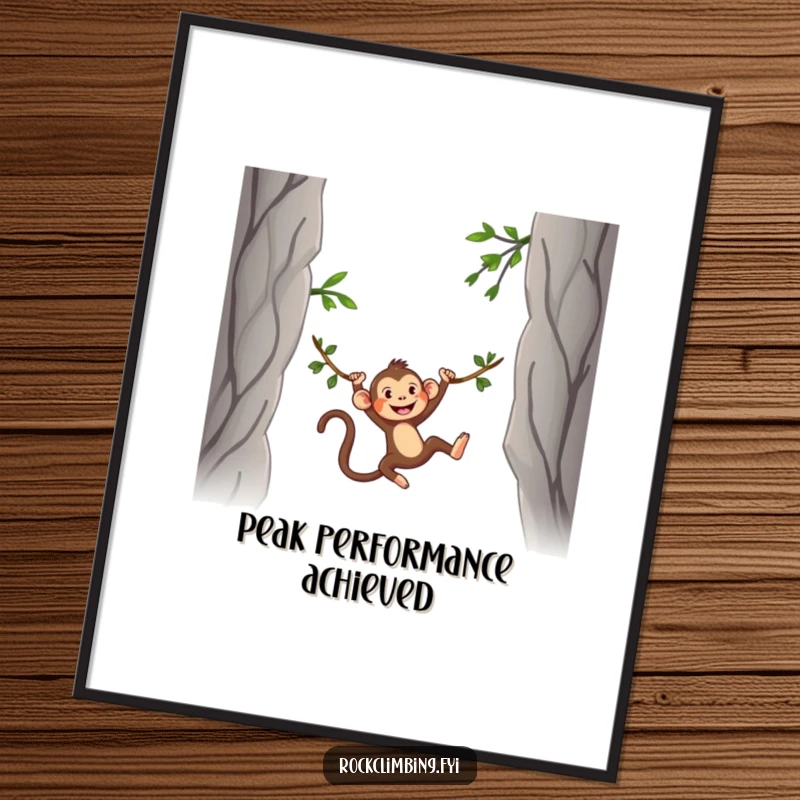 Funny Free Printable Wall Art: A silly monkey energetically swings on a vine between two dramatic rocky peaks.