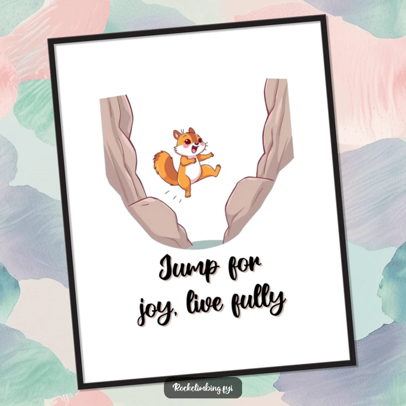Funny Free Printable Wall Art: A determined squirrel joyfully leaps across a chasm between rocks, dynamic downloadable art.