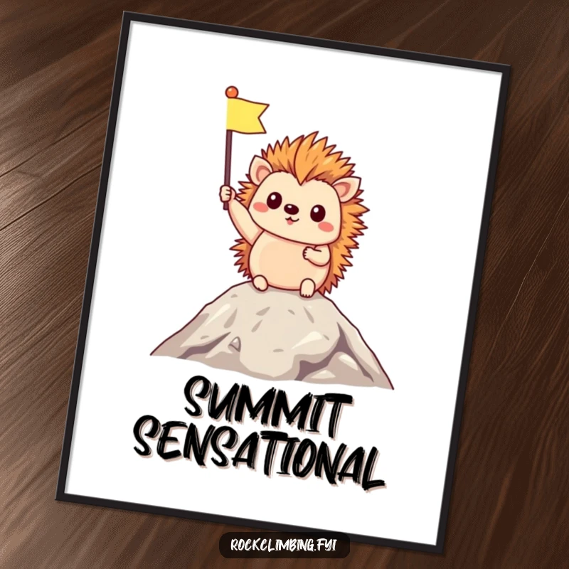 Funny Free Printable Wall Art: A triumphant hedgehog stands proudly at a summit, holding a tiny flag aloft.