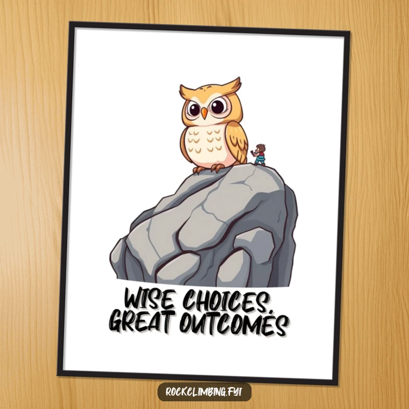 Funny Free Printable Wall Art: A wise owl perched on a rocky outcrop, observing a climber below with knowing amusement.