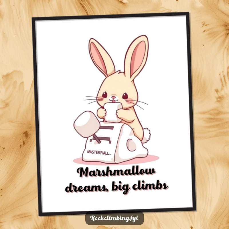 Funny Free Printable Wall Art: A playful bunny using a large marshmallow as a stepping stone, reaching for the sky.