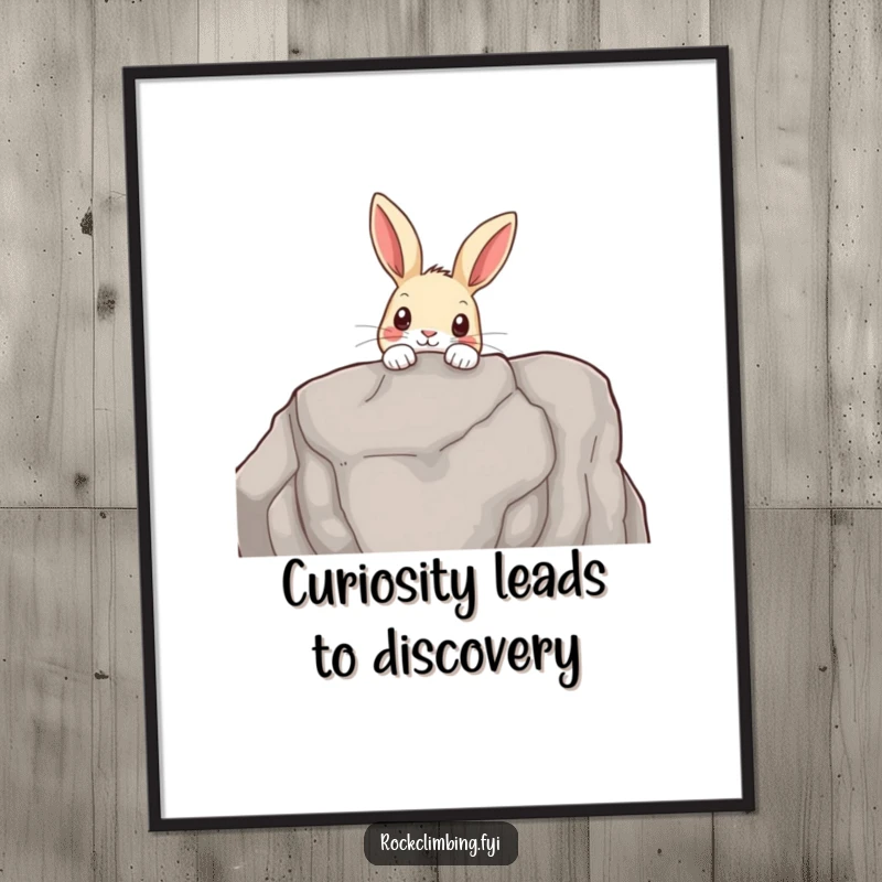 Funny Free Printable Wall Art: a curious rabbit peeking over the edge of a rocky outcrop, looking out with inquisitive eyes.