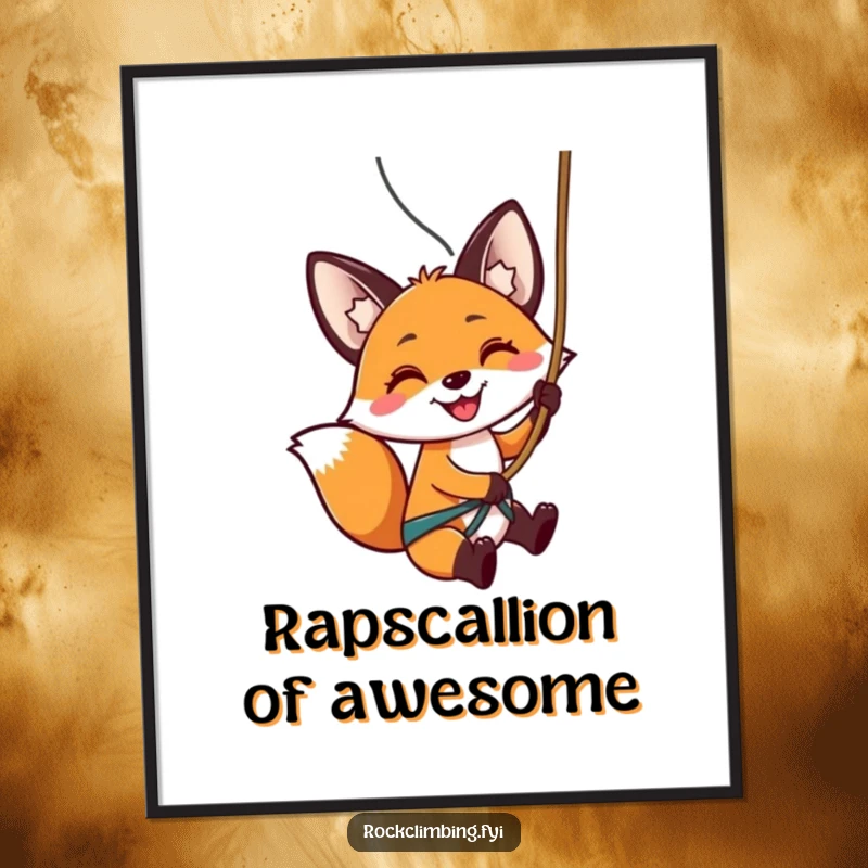 Funny Free Printable Wall Art: A smiling fox enthusiastically rappelling down a steep rock face with a rope, full of daring.
