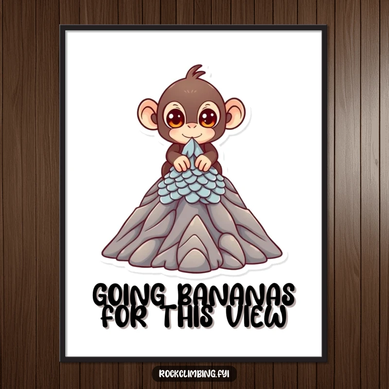 Funny Free Printable Wall Art of a cute monkey with bright eyes scaling a miniature mountain peak, embodying ambition and fun.