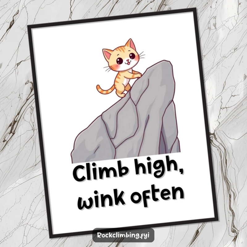 Funny Free Printable Wall Art: A nimble cat winks confidently while skillfully climbing a high, rocky cliff.