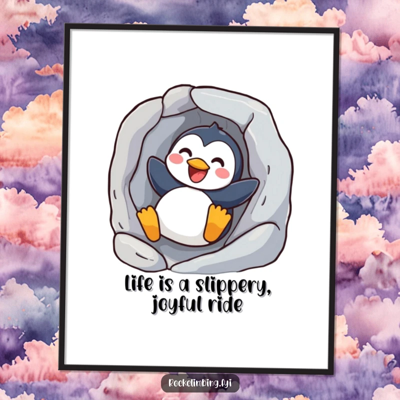 Funny Free Printable Penguin Wall Art: A happy penguin slides down a slick rock face with pure joy. A downloadable gift.