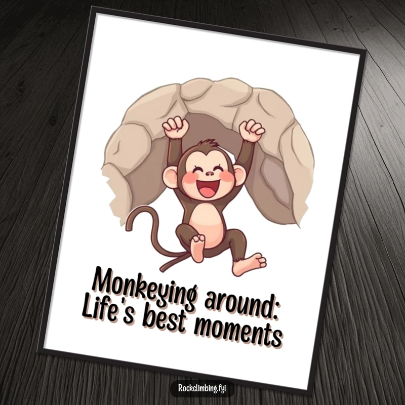 Funny Free Printable Monkey Wall Art: A dynamic monkey joyfully swinging from a rocky overhang, adding a splash of fun to any room.