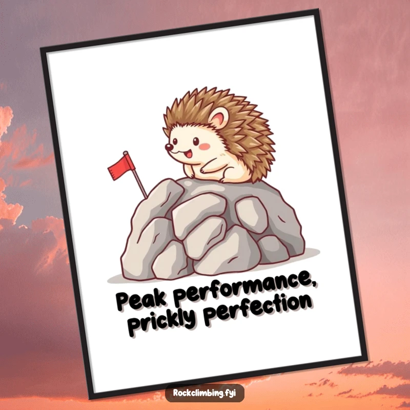Funny Free Printable Wall Art: A happy hedgehog carefully planting a tiny flag on a rocky summit, radiating joy.