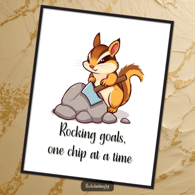 Funny Free Printable Wall Art: A determined chipmunk passionately chipping at a rock with a tiny pickaxe, full of focus.