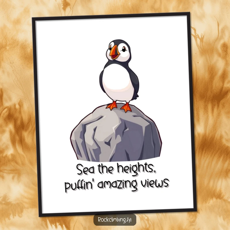 Funny Free Printable Wall Art: A delighted puffin perched majestically on a high rock, gazing out at the expansive sea.