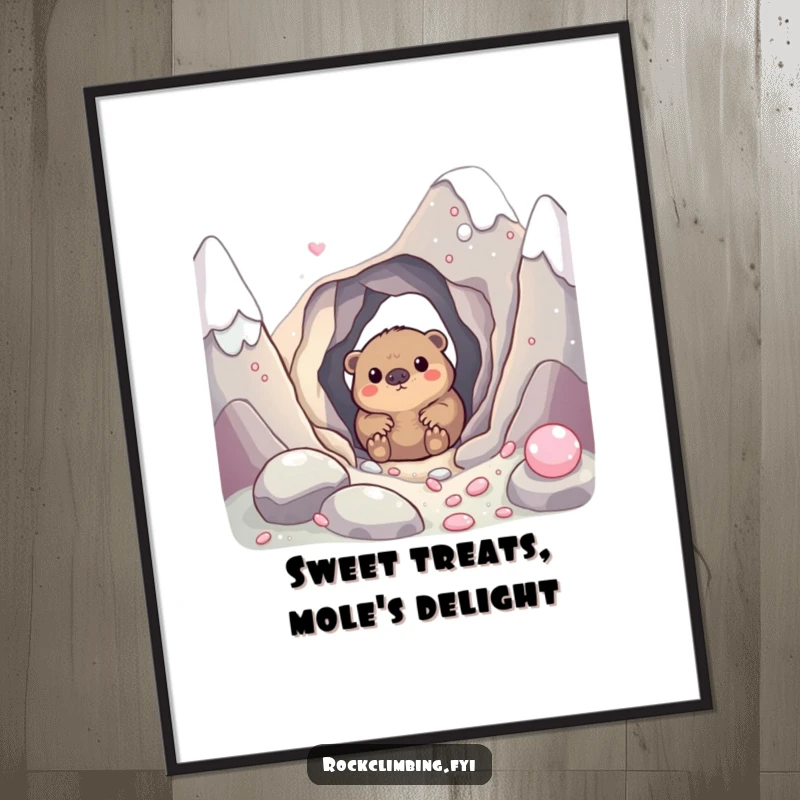 Funny free printable wall art of a curious mole peeking from a hole in a candy mountain, a sweet decoration.