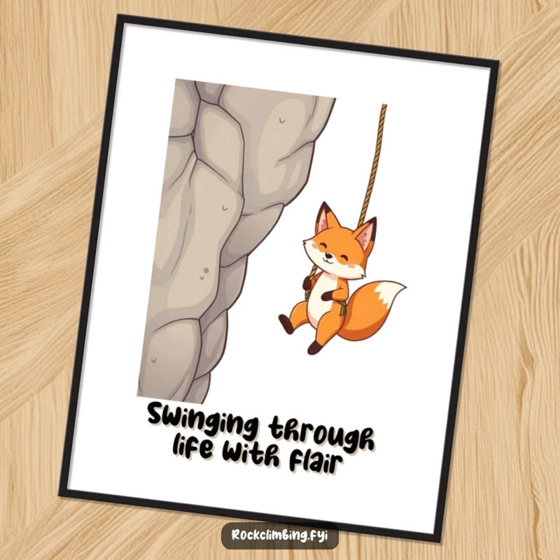 Funny Free Printable Wall Art: A joyful fox swinging with abandon from a tall crag.