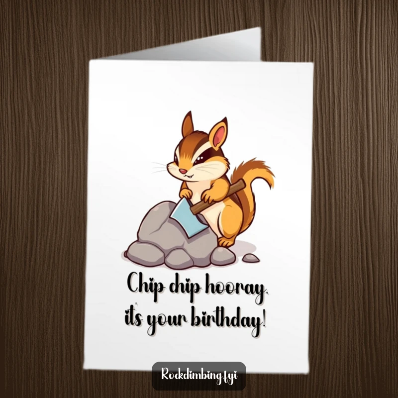 Funny Free Printable Birthday Card: Determined chipmunk energetically chipping at a rock with a tiny pickaxe.