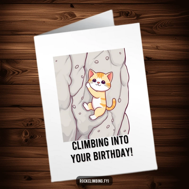 Funny free printable birthday card: a playful cat scales a sheer rock face using miniature suction cups, demonstrating persistence.