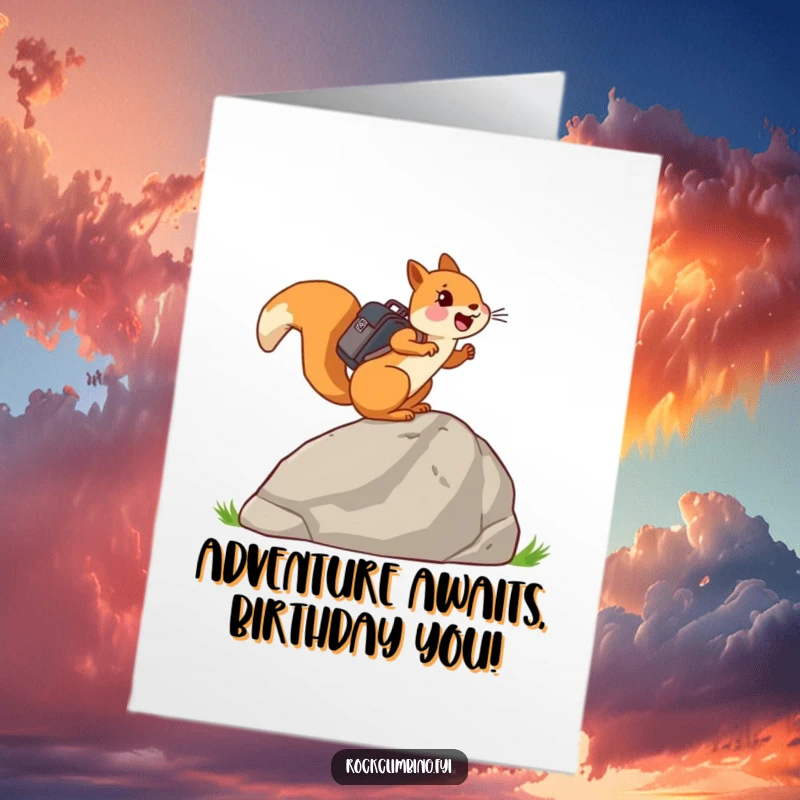 Funny Free Printable Birthday Card: A joyful squirrel with a backpack climbing a large rock, adventurous and humorous downloadable design.