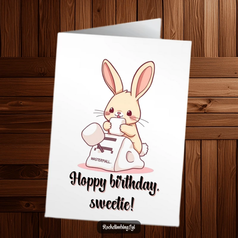 Funny Free Printable Birthday Card: Playful bunny using a giant marshmallow as a step to reach new heights happily.