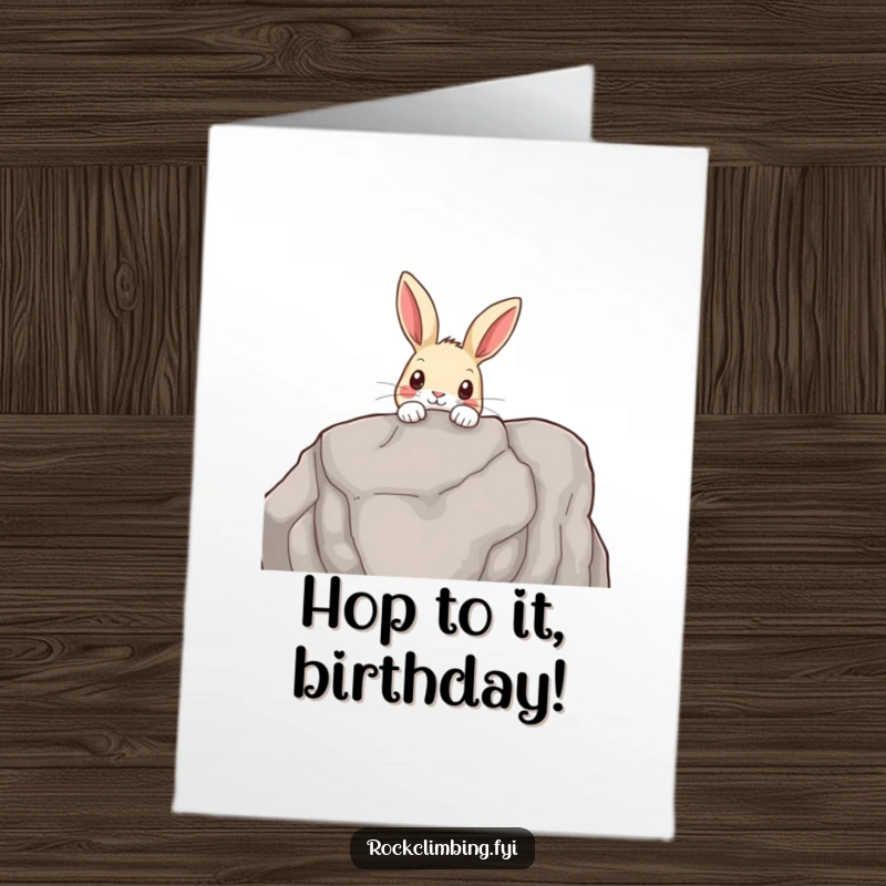 Funny Free Printable Birthday Card: a curious rabbit peeking with wide eyes over the edge of a rocky outcrop, ready to surprise.
