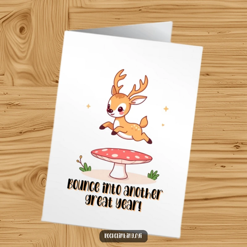 Funny Free Printable Birthday Card: Deer joyfully bouncing on a mushroom trampoline, ready to celebrate.