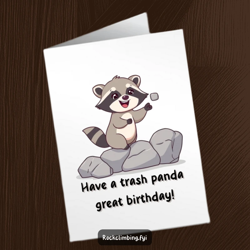 Funny free printable birthday card: a giggling raccoon expertly juggling small rocks while climbing, bringing birthday cheer.