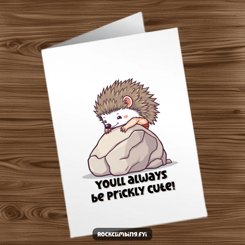 Funny Free Printable Birthday Card: Tiny hedgehog using suction cups to climb a smooth boulder, celebrating a birthday.