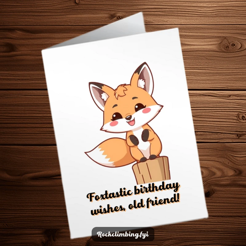 Funny Free Printable Birthday Card: Cheerful fox with a wide, toothy grin perched high, ready to deliver birthday wishes with humor.