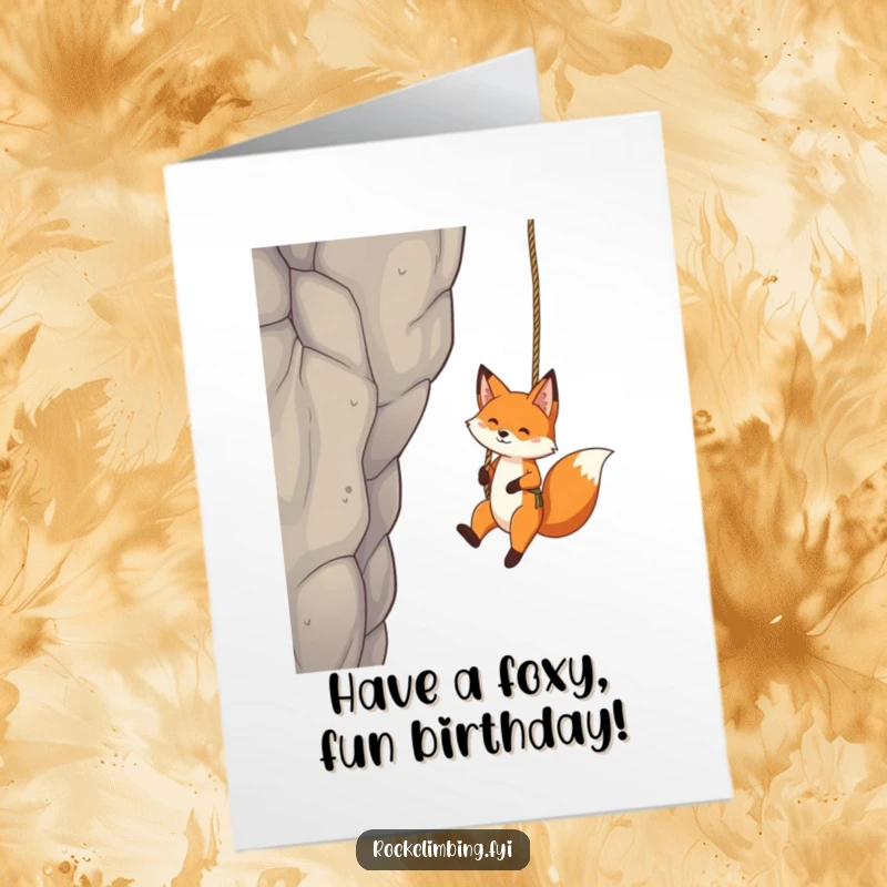 Funny Free Printable Birthday Card: Playful fox dangling precariously from a rope swing.