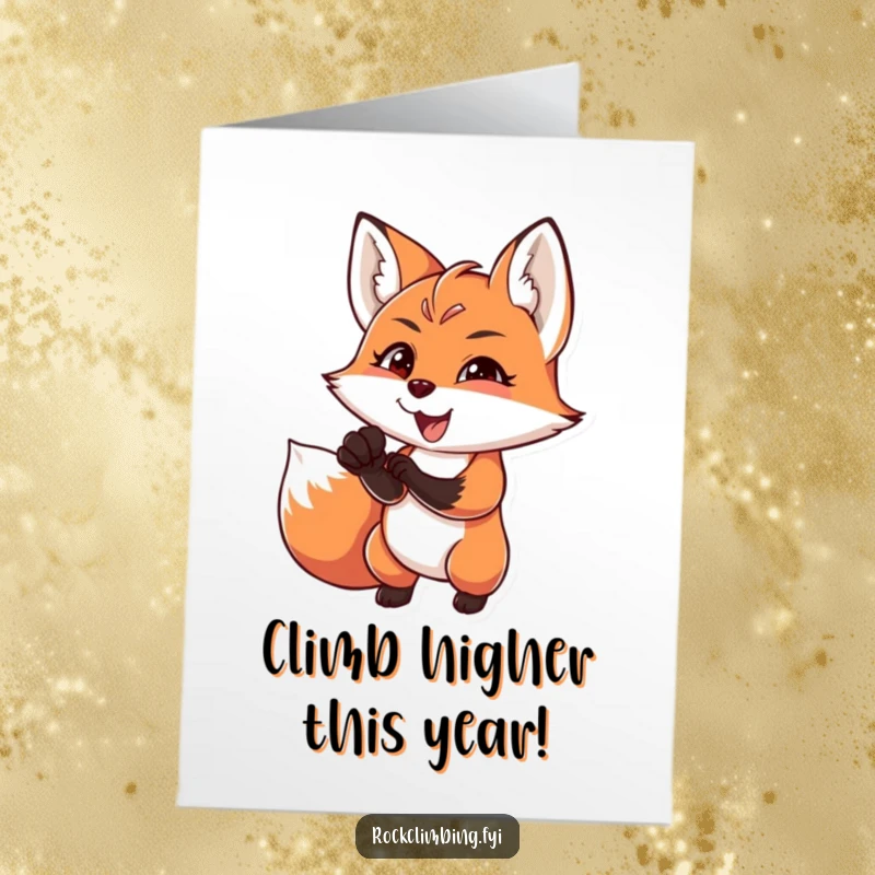 Funny Free Printable Birthday Card: A charming fox with intense focus and joy reaches for a challenging climbing handhold.