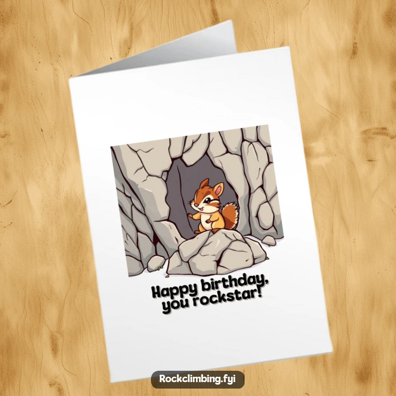 Funny Free Printable Birthday Card: A chipmunk bravely navigates a jagged rock formation, celebrating a birthday.