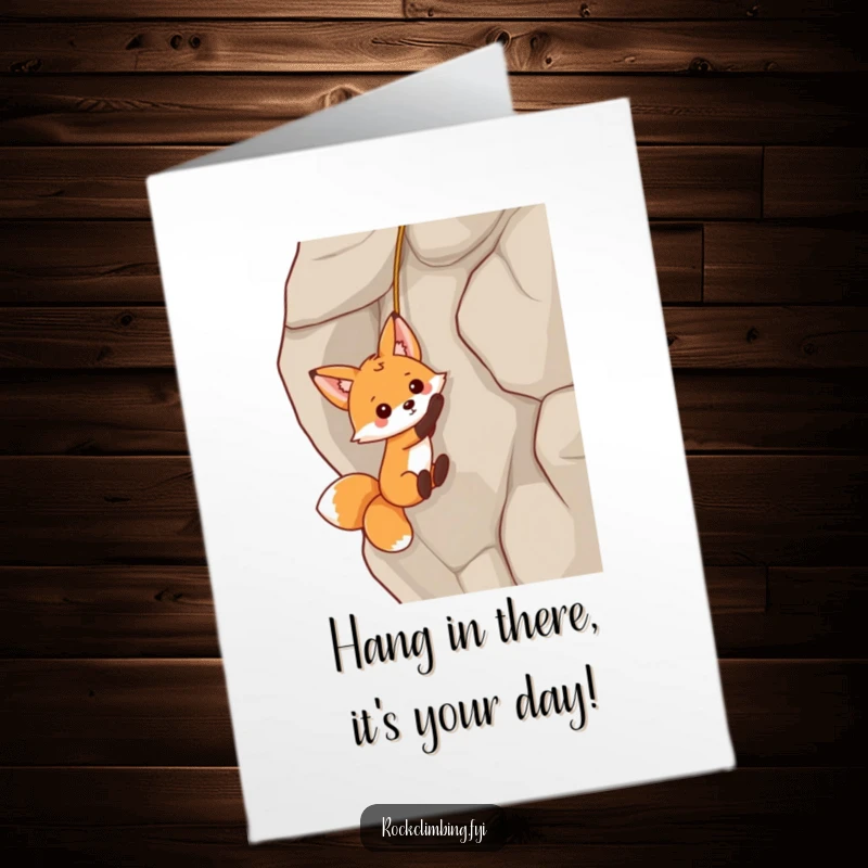 Funny Free Printable Birthday Card featuring a playful fox dangling by a tiny rope, balancing humorously.
