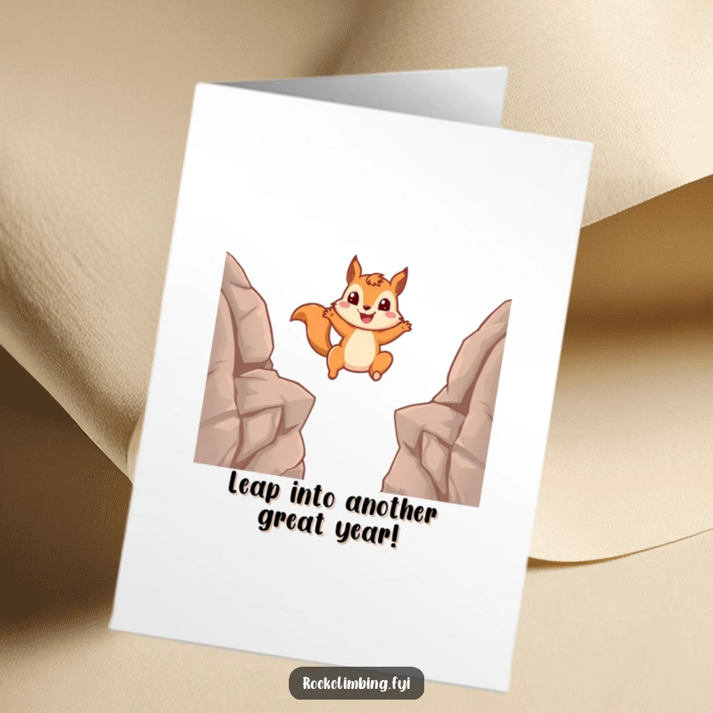 Funny free printable birthday card with a smiling squirrel leaping dramatically between two rocky ledges, perfect for adventure lovers.
