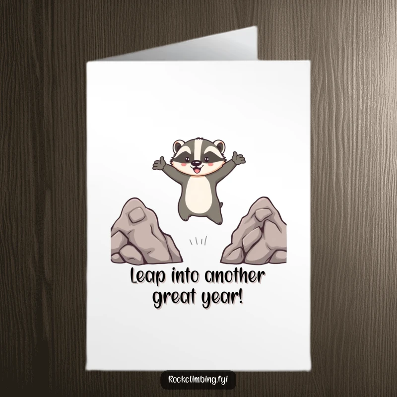 Funny Free Printable Birthday Card: Brave badger mid-leap, arms wide, celebrating with wild abandon.