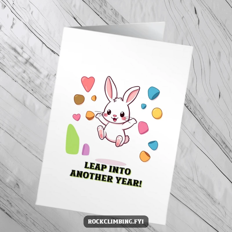 Funny Free Printable Birthday Card: Playful rabbit energetically leaping between colorful climbing holds on a wall.