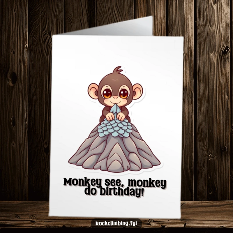 Free Printable Birthday Card featuring a cute monkey with bright eyes, triumphantly scaling a miniature mountain peak.