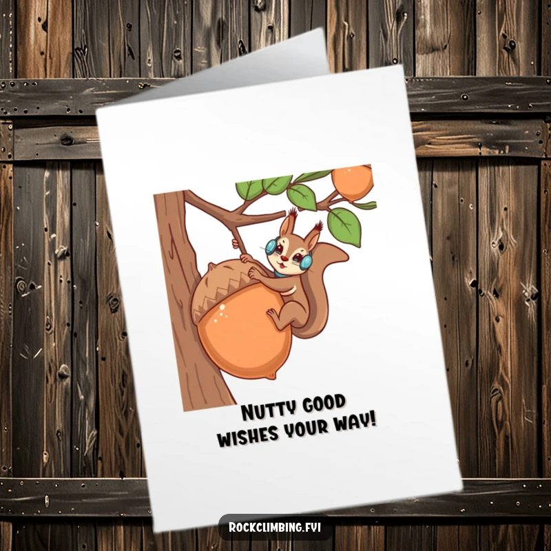 Funny Free Printable Birthday Card: Squirrel in climbing gear scaling a giant acorn, ready for an adventurous birthday.