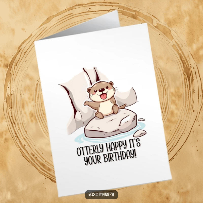 Funny free printable birthday card: a joyful otter gleefully sliding down a rock face on a smooth stone, celebrating a birthday.