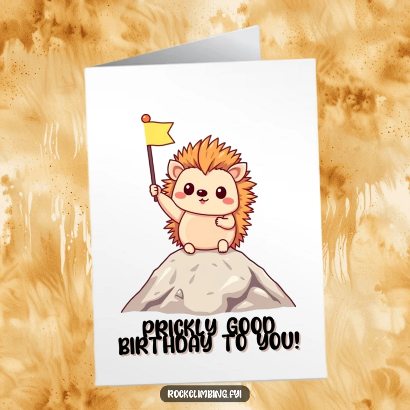 Funny Free Printable Birthday Card: Triumphant hedgehog holding a tiny flag at the summit, celebrating a milestone.