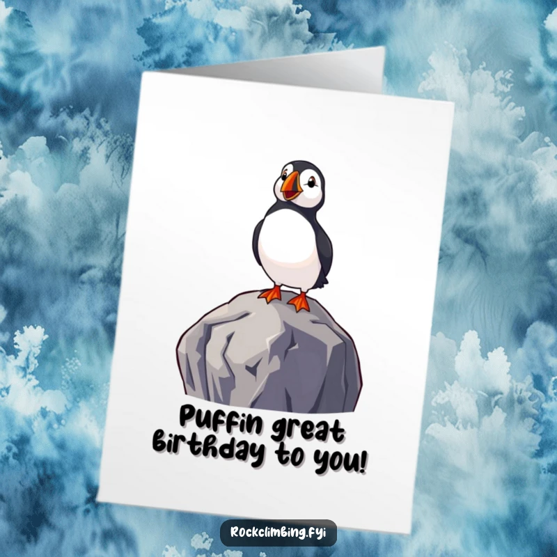 Funny Free Printable Birthday Card: Delighted puffin perched high on a rock, gazing joyfully at the vast sea.