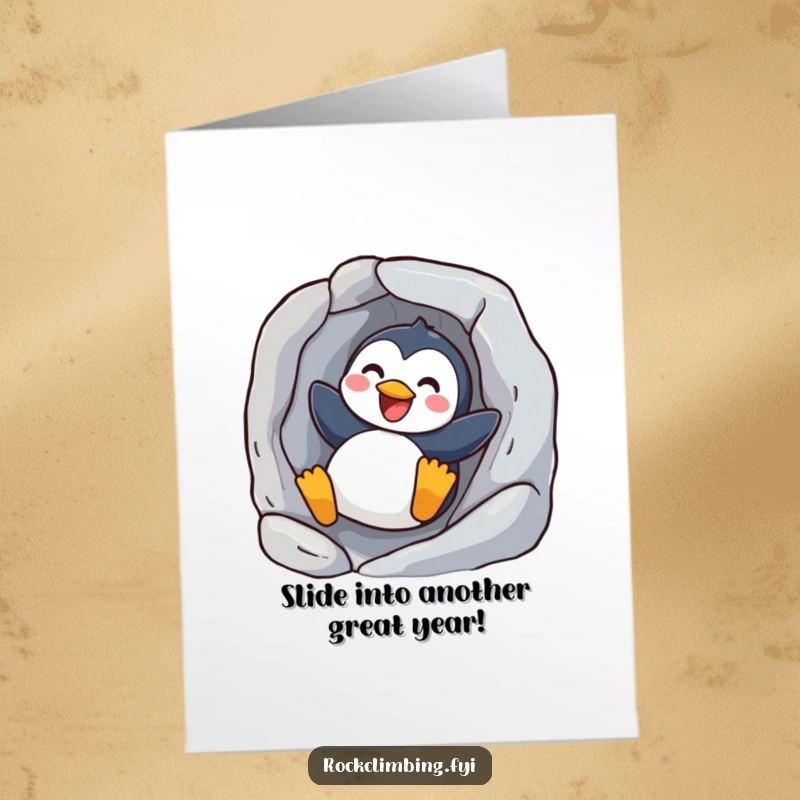 Funny Free Printable Penguin Birthday Card: A cheerful penguin glides down a rock face. A hilarious downloadable gift for any age.