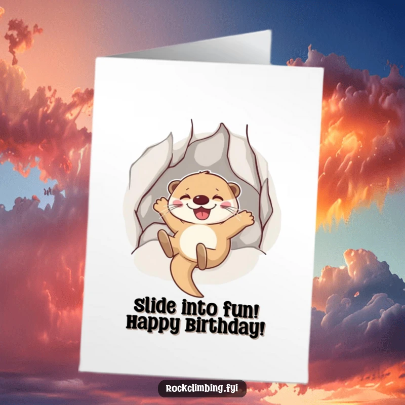 Funny Free Printable Birthday Card: Joyful otter sliding down a smooth rock face with a wide, happy grin.