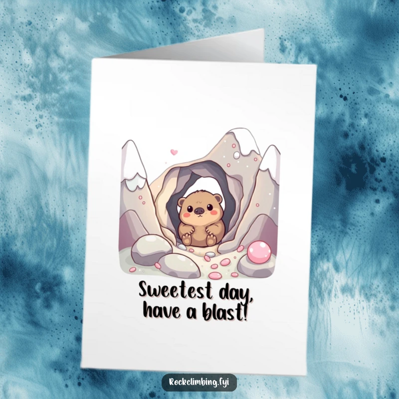 Funny free printable birthday card with a curious mole peeking from a hole in a giant candy mountain, festive.