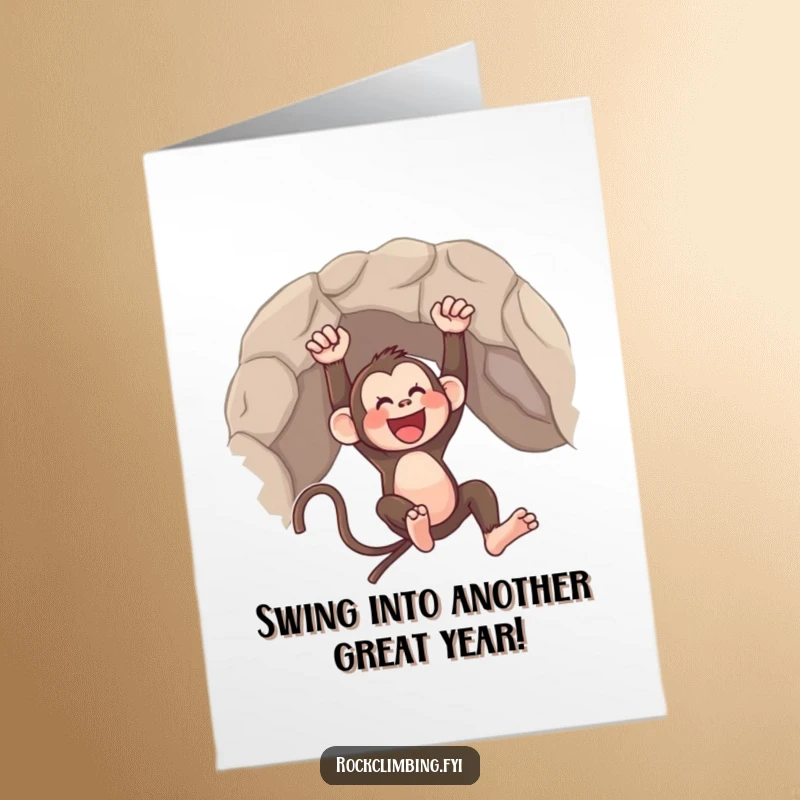 Funny Free Printable Monkey Birthday Card: A joyous primate swinging wildly from a rocky cliff, ready to wish you a happy birthday.